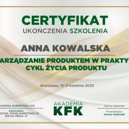 Certyfikat szkolenie Zarządzanie produktem w praktyce, cykl życia produktu