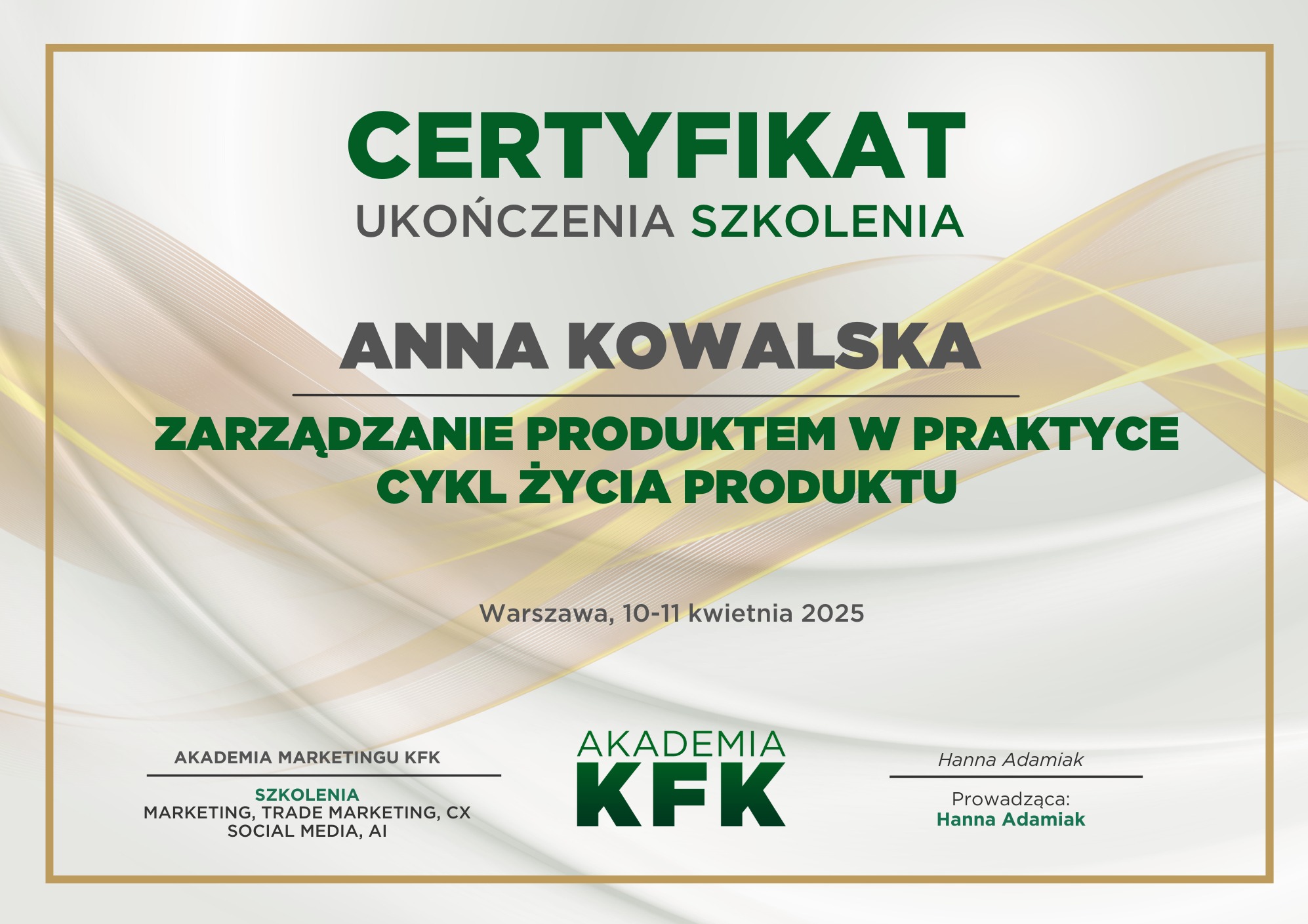 Certyfikat szkolenie Zarządzanie produktem w praktyce, cykl życia produktu