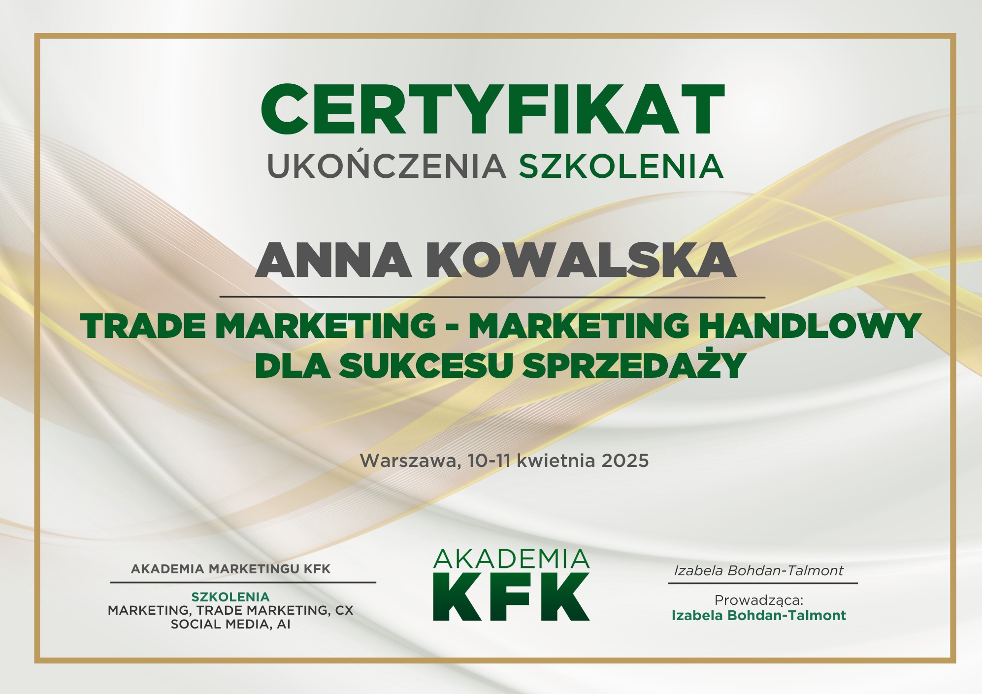 Certyfikat szkolenia Trade marketing