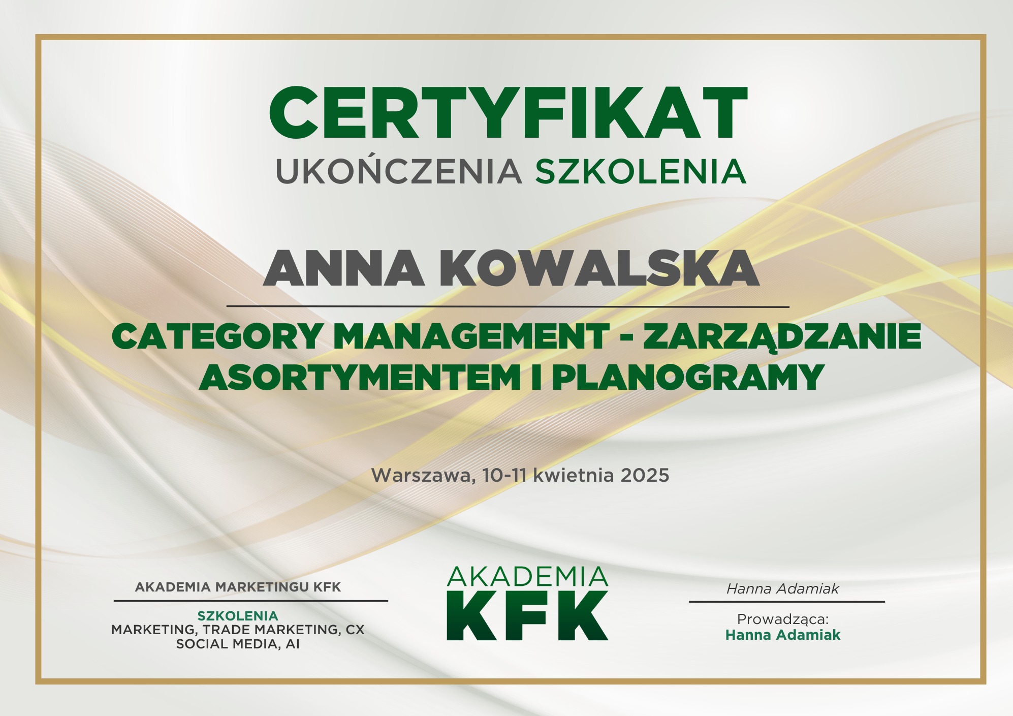Certyfikat szkolenie Category managment - zarządzanie asortymentem i planogramy