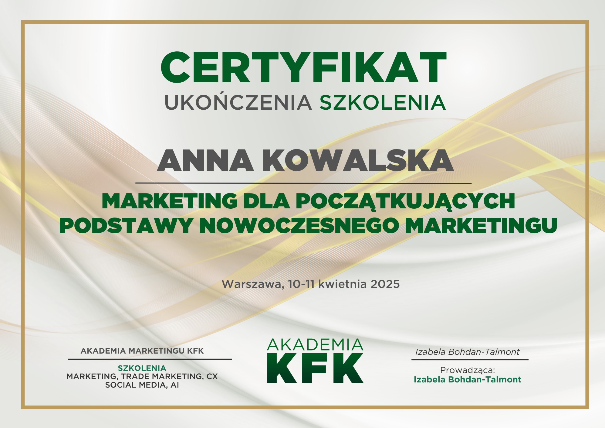 Certyfikat szkolenia Marketing dla początkujących - podstawy nowoczsnego marketingu