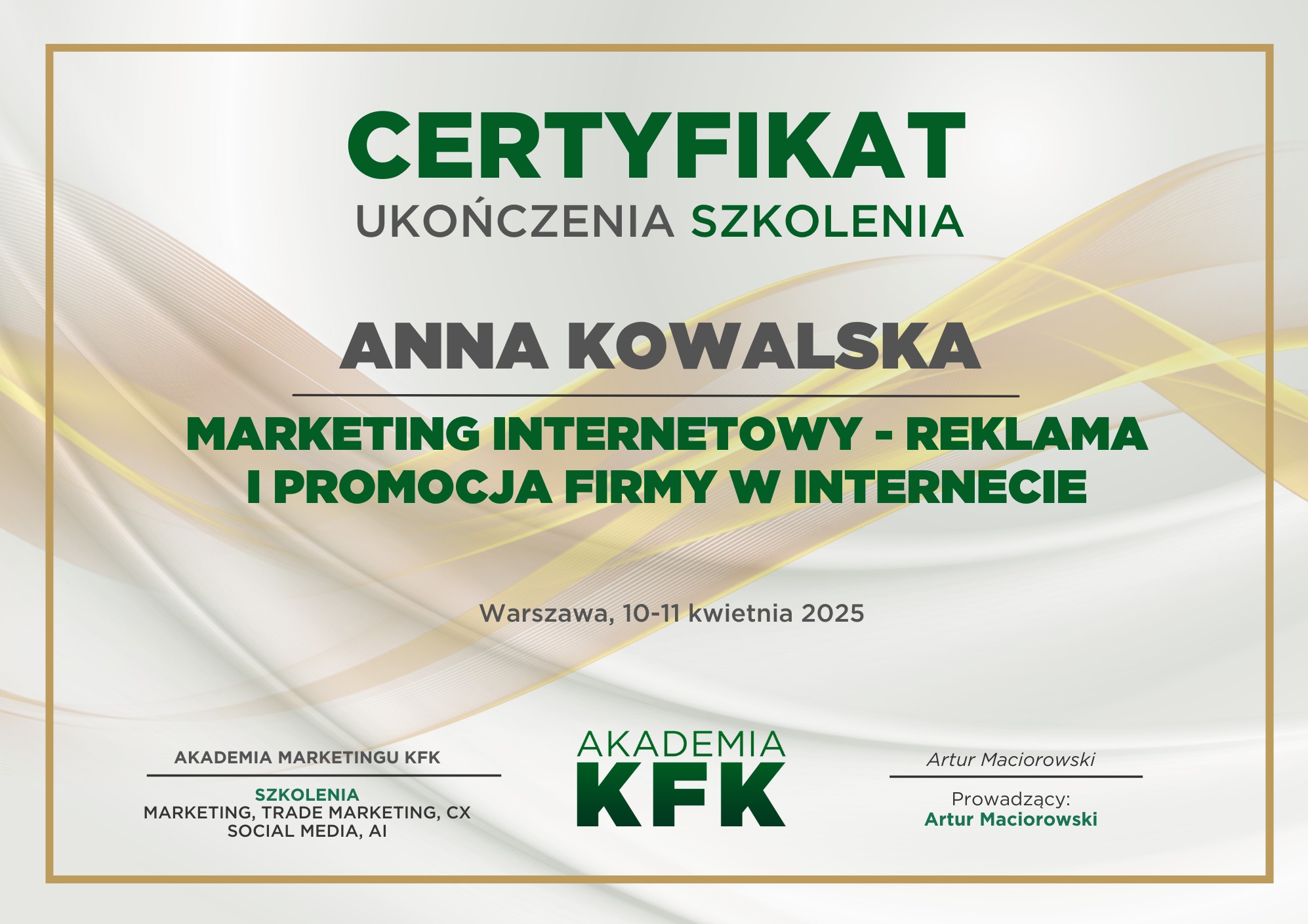 Certyfikat szkolenie Marketing internetowy - reklama i promocja firmy w internecie