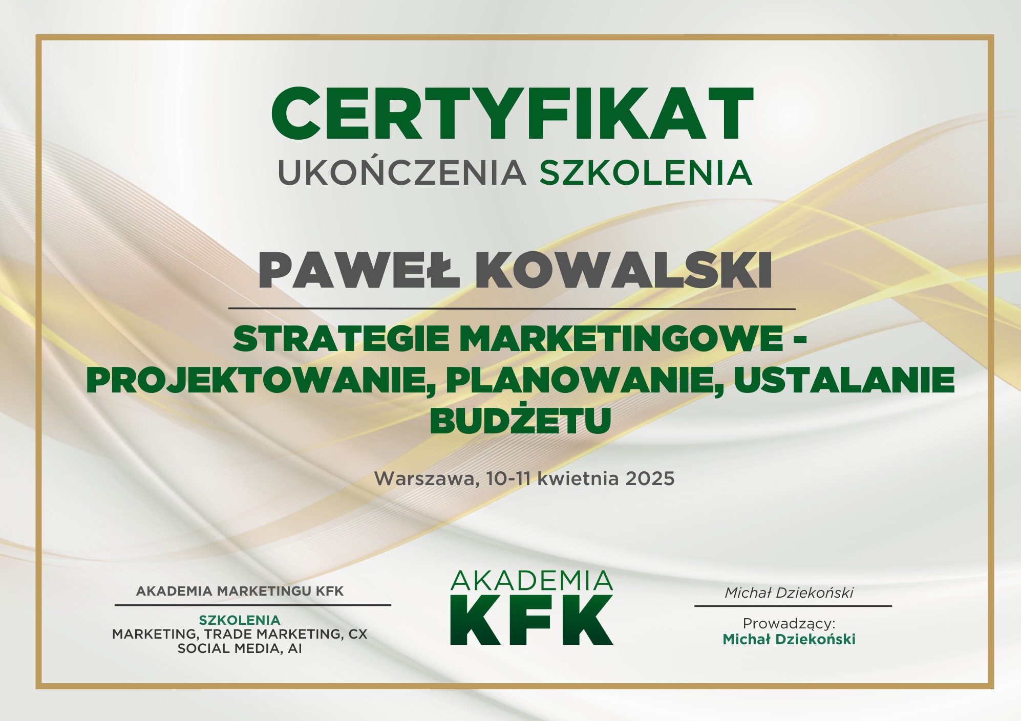 Certyfikat szkolenie Strategie i plany marketingowe