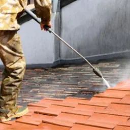 Częściowy widok osoby w kombinezonie czyszczącej dach z czerwonej dachówki za pomocą myjki ciśnieniowej. Widoczny efekt czyszczenia - różnica koloru dachówek.