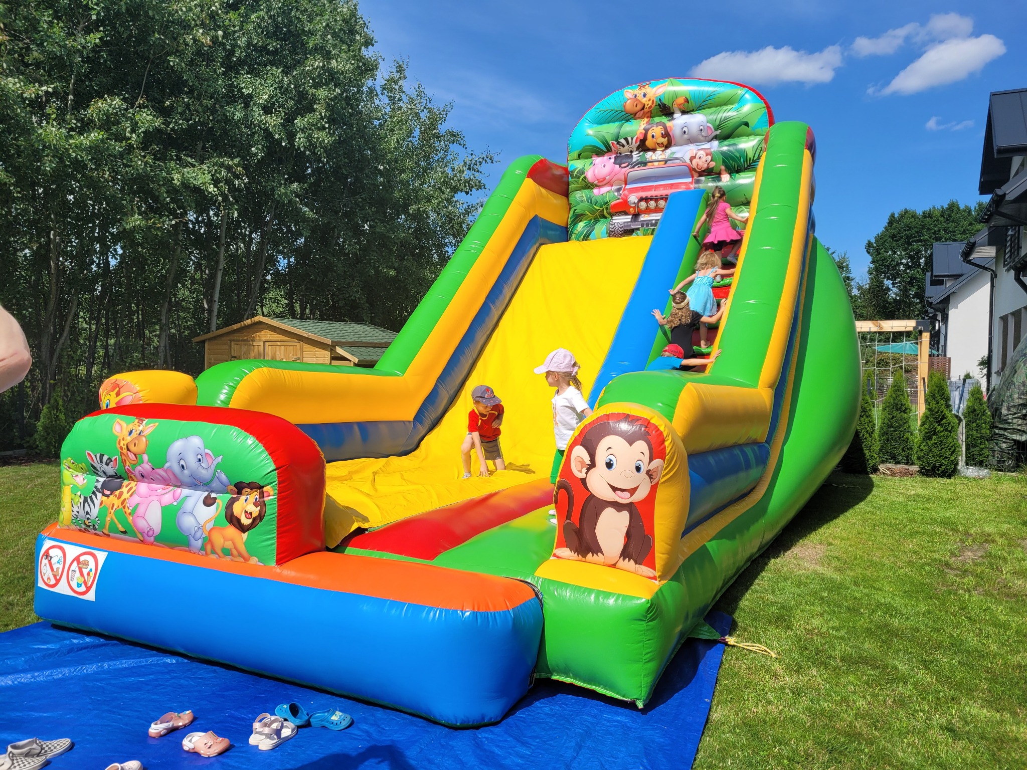 Kolorowa dmuchana zjeżdżalnia Safari z motywami zwierzęcymi, na której bawią się dzieci. Zjeżdżalnia ustawiona na trawie, w tle dom i drzewa.