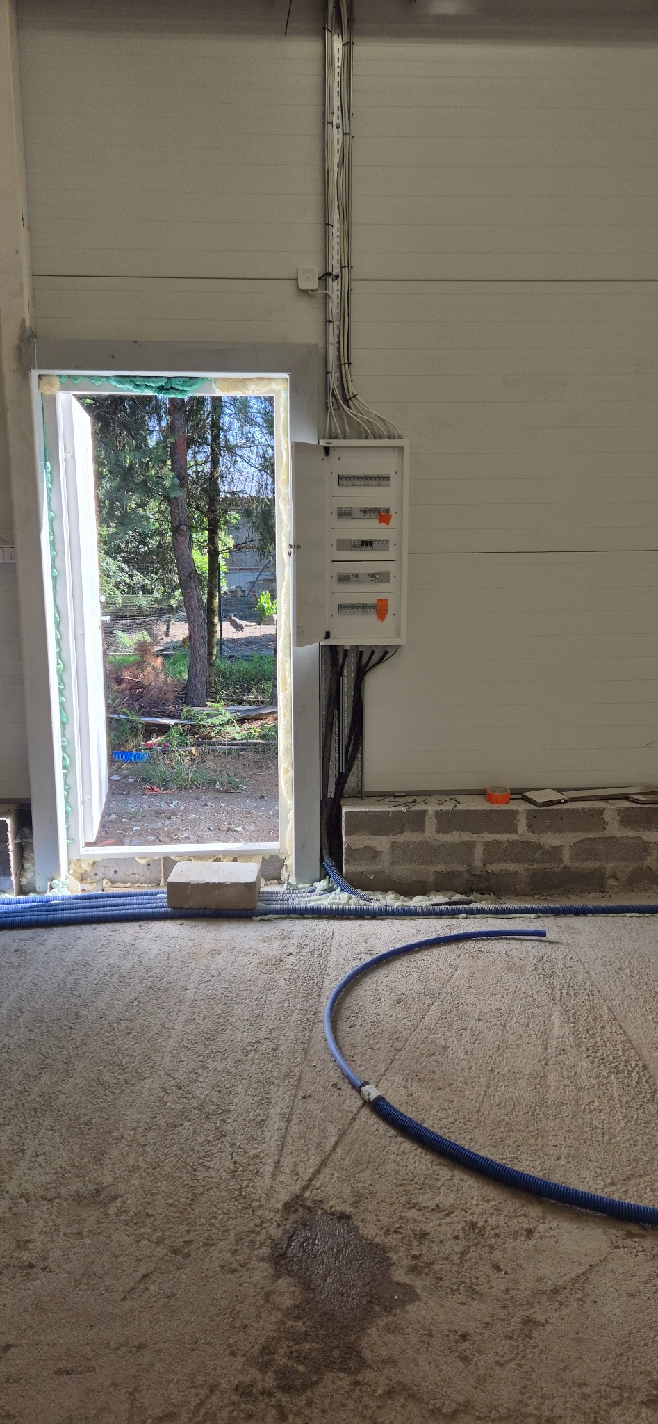 Rozdzielnia elektryczna z przewodami w nowym budynku. Widoczne kable w korytach i peszlach, surowy beton. Okno z widokiem na zieleń w tle.