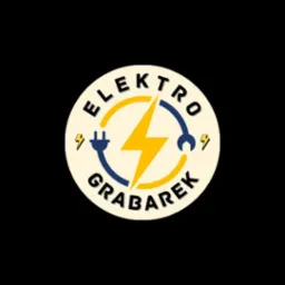 Żółto-niebieskie logo 'Elektro Grabarek' na beżowym tle w kształcie koła z symbolem błyskawicy, wtyczki i klucza, otoczone czarnym tłem.