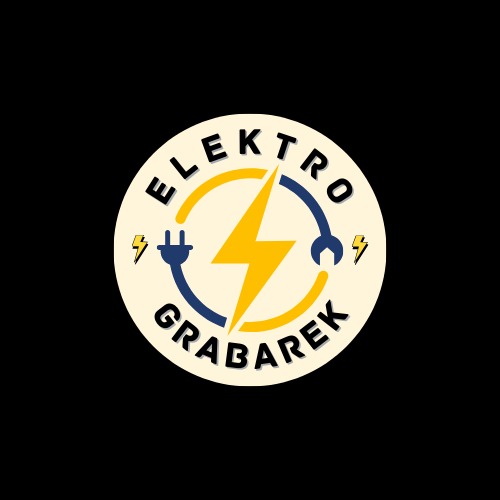 Żółto-niebieskie logo 'Elektro Grabarek' na beżowym tle w kształcie koła z symbolem błyskawicy, wtyczki i klucza, otoczone czarnym tłem.