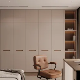 Wizualizacja pokoju z beżową szafą w zabudowie, biurkiem z komputerem i łóżkiem z zielonym zagłówkiem. Tapeta w kwiaty. Oświetlenie LED.