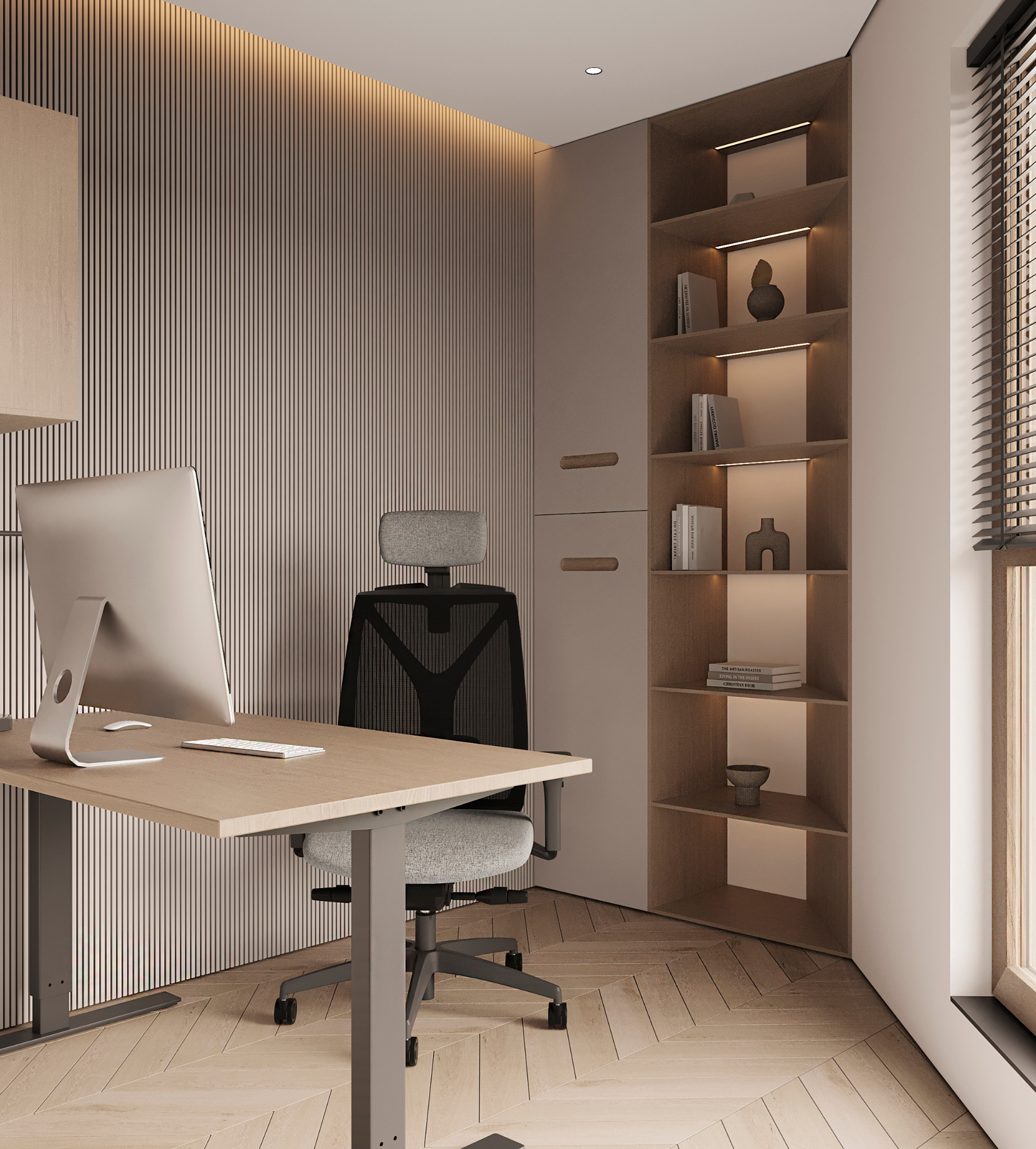 Nowoczesne biuro domowe z biurkiem regulowanym, ergonomicznym krzesłem i regałem z podświetleniem, w jasnych, neutralnych barwach i drewnianą podłogą w jodełkę.