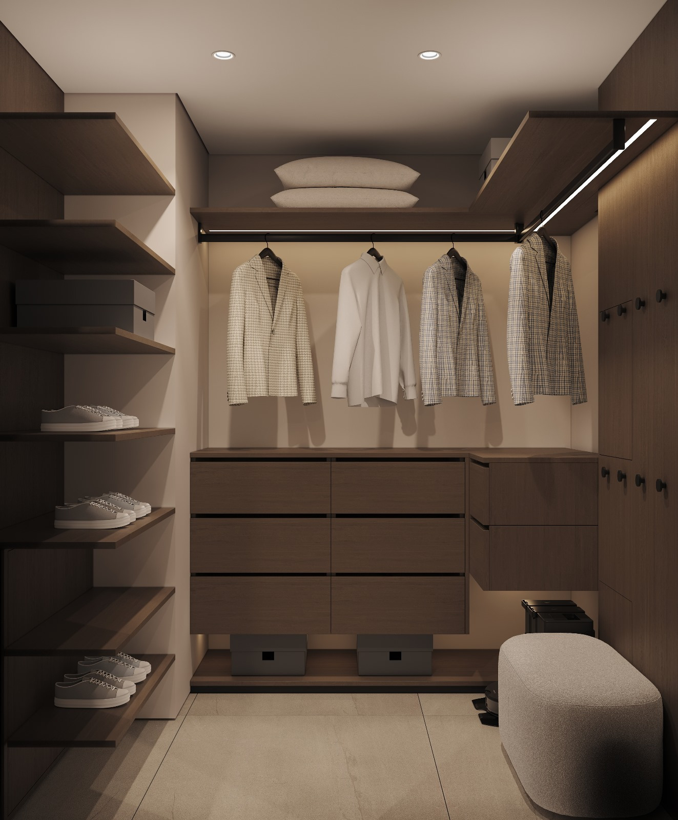 Wizualizacja garderoby z drewnianymi półkami na buty, szufladami i wieszakami na ubrania. Oświetlenie LED podkreśla detale. Stonowana kolorystyka, minimalistyczny design.