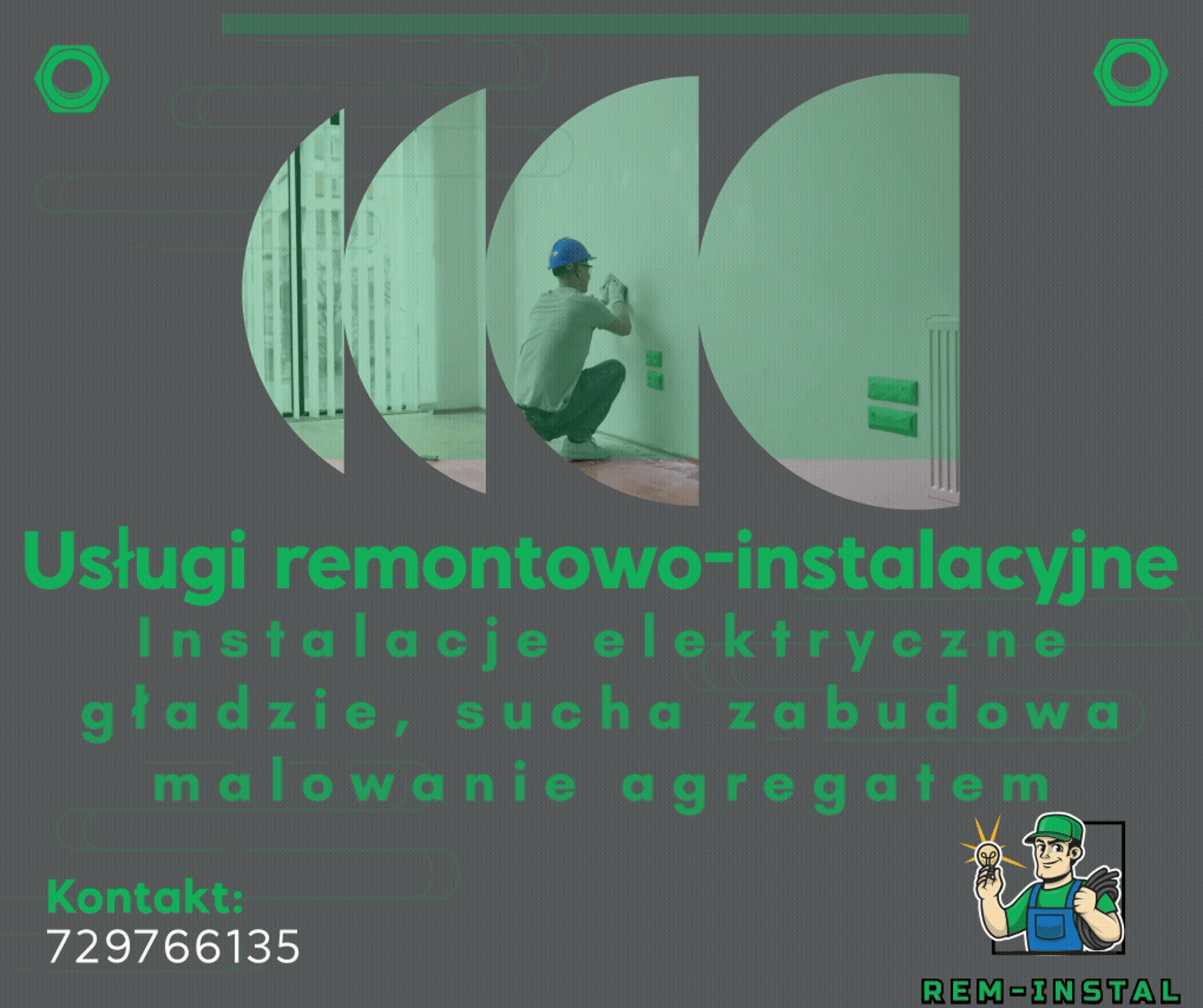 Grafika reklamowa usług remontowo-instalacyjnych: elektryk w kasku szpachluje ścianę. Widoczne gniazdka, grzejnik. Tekst o instalacjach, gładziach i malowaniu agregatem.
