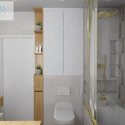 J.W.B Home Design - Wizualizacja łazienki z drewnianymi akcentami: szafka z półkami, umywalka z blatem, toaleta, kabina prysznicowa z złotymi detalami i płytki z motywem roślinnym.