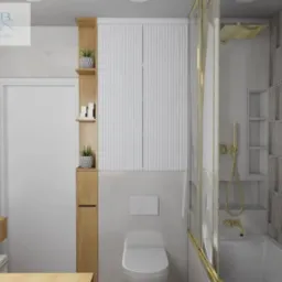 Wizualizacja łazienki z drewnianymi akcentami: szafka z półkami, umywalka z blatem, toaleta, kabina prysznicowa z złotymi detalami i płytki z motywem roślinnym.