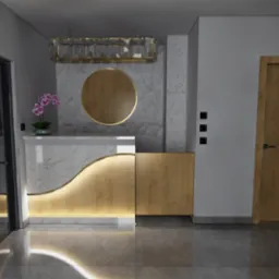 Nowoczesna recepcja biurowa z marmurowym blatem, podświetlanym drewnem i okrągłym lustrem, oświetlona designerską lampą wiszącą, z subtelnym akcentem kwiatowym.