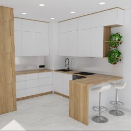 J.W.B Home Design - Wizualizacja kuchni w bieli i drewnie z roślinami doniczkowymi na półkach. Nowoczesne krzesła barowe przy drewnianym blacie. Minimalistyczny design, jasne wnętrze.