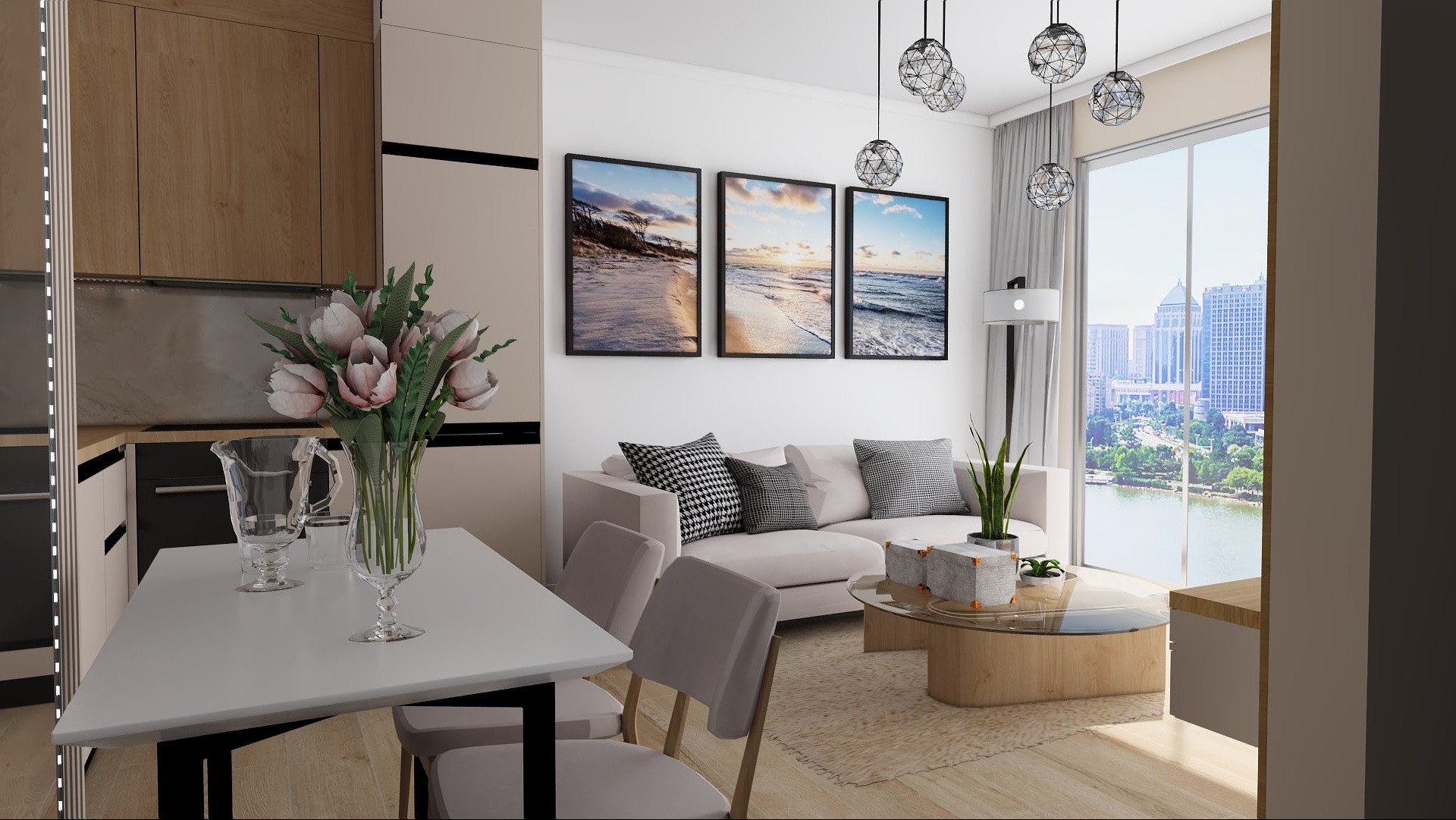 Jasne wnętrze z kuchnią, stołem i salonem. Na ścianie trzy obrazy z motywem plaży. Nowoczesne lampy sufitowe i widok na miasto za oknem. Minimalistyczny design.