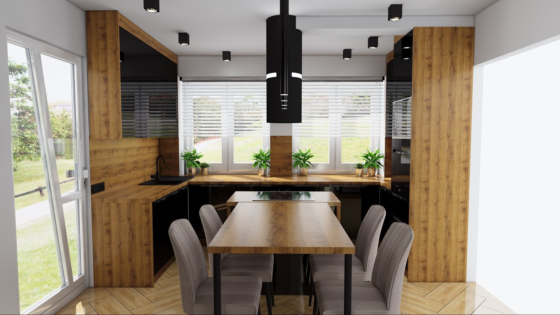 Wnętrze kuchni z drewnianymi szafkami i czarnymi akcentami, oświetlone światłem dziennym wpadającym przez okno z żaluzjami, uzupełnione roślinami doniczkowymi.