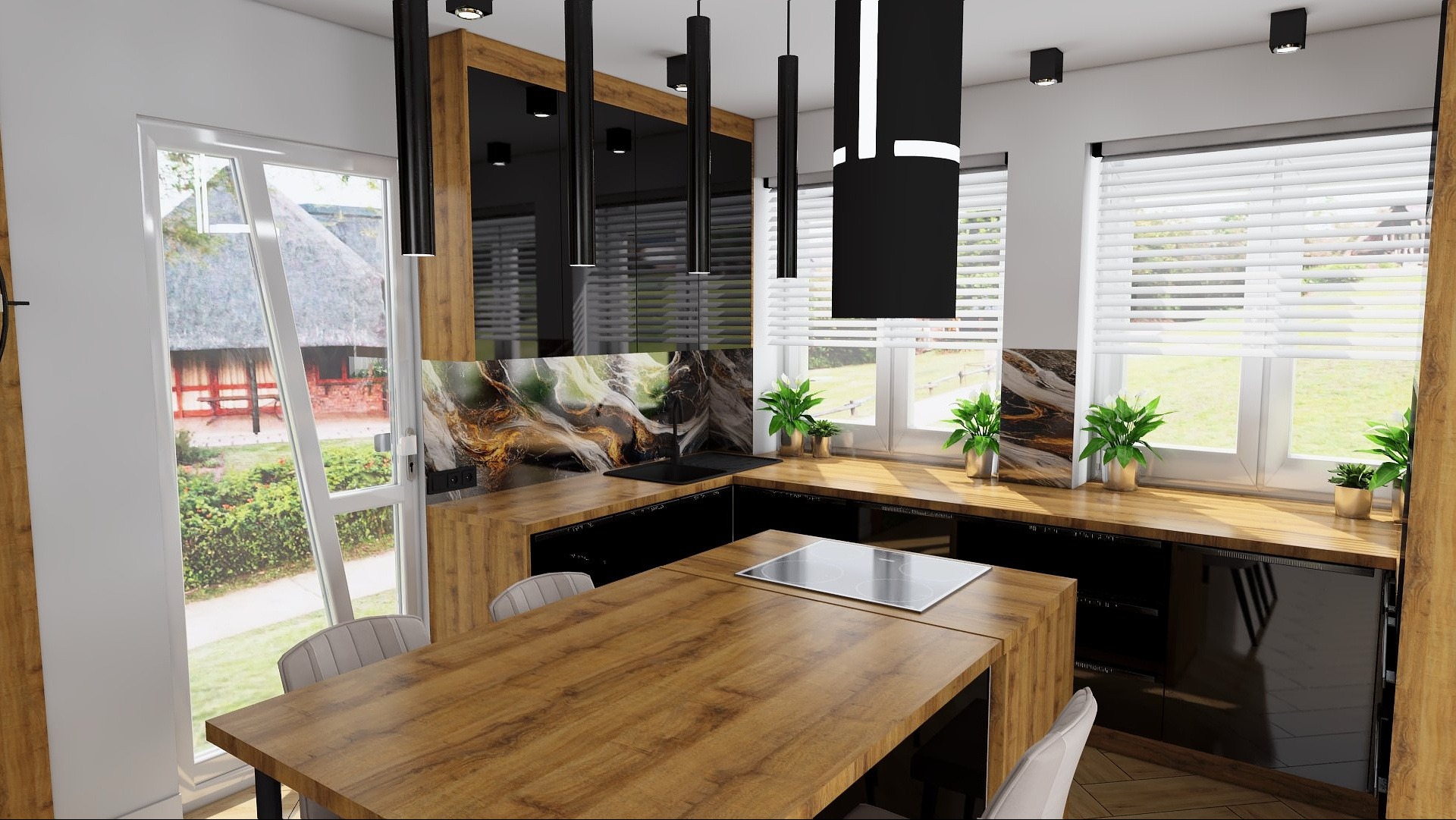 Wnętrze kuchni w stylu nowoczesnym z drewnianymi blatami, czarnymi szafkami i wyspą kuchenną. Widoczne okna z roletami i rośliny doniczkowe.