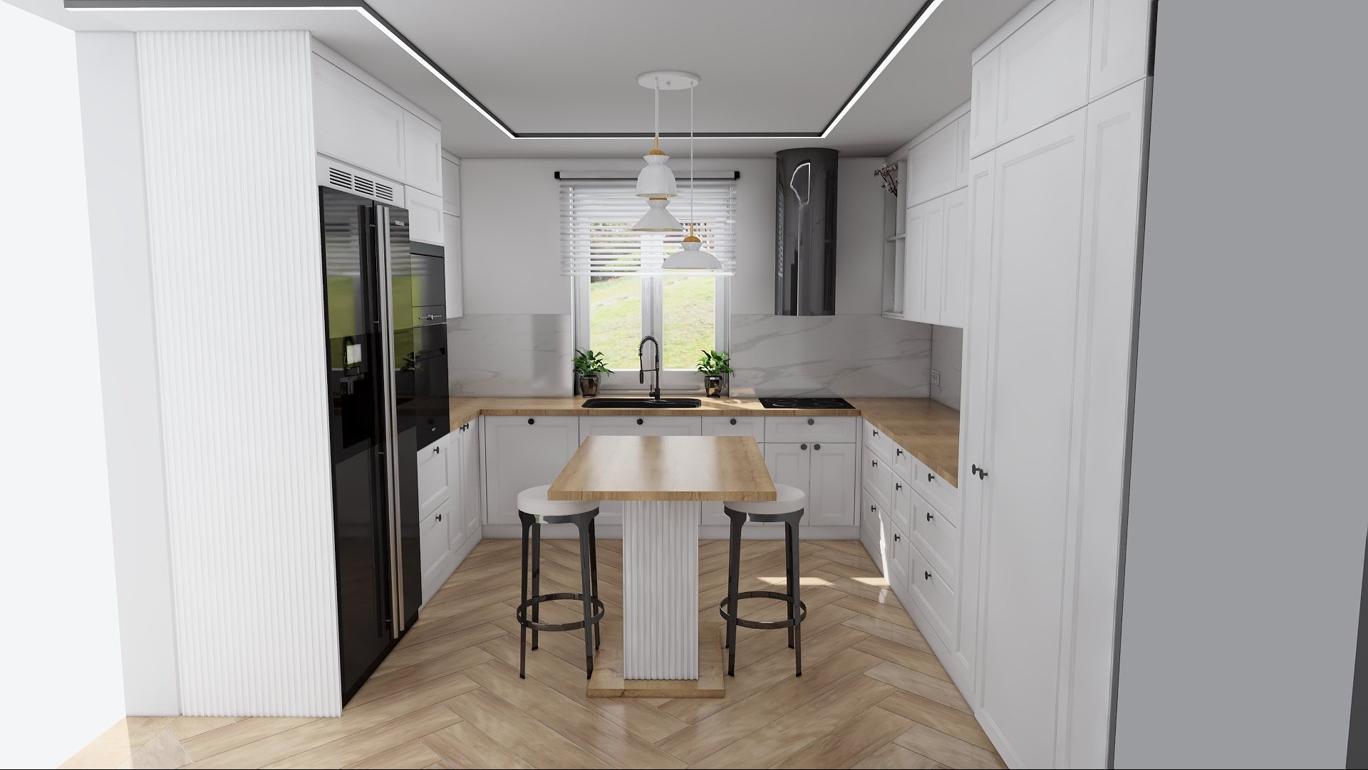 Jasna kuchnia z drewnianym blatem i podłogą w jodełkę. Centralnie stół z hokerami, nad nim lampy. Widok na okno z żaluzjami i zielenią za nim. Nowoczesny design.