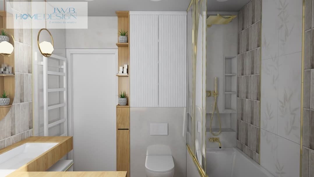 Wizualizacja łazienki z drewnianymi akcentami: szafka z półkami, umywalka z blatem, toaleta, kabina prysznicowa z złotymi detalami i płytki z motywem roślinnym.