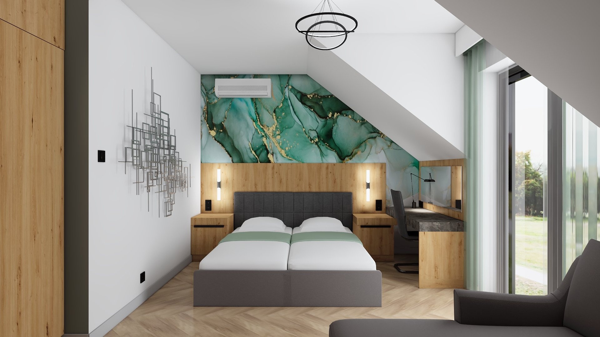 Nowoczesna sypialnia na poddaszu z łóżkiem małżeńskim, biurkiem i dekoracyjną tapetą w odcieniach zieleni i złota. Minimalistyczna lampa i metalowa ozdoba ścienna.