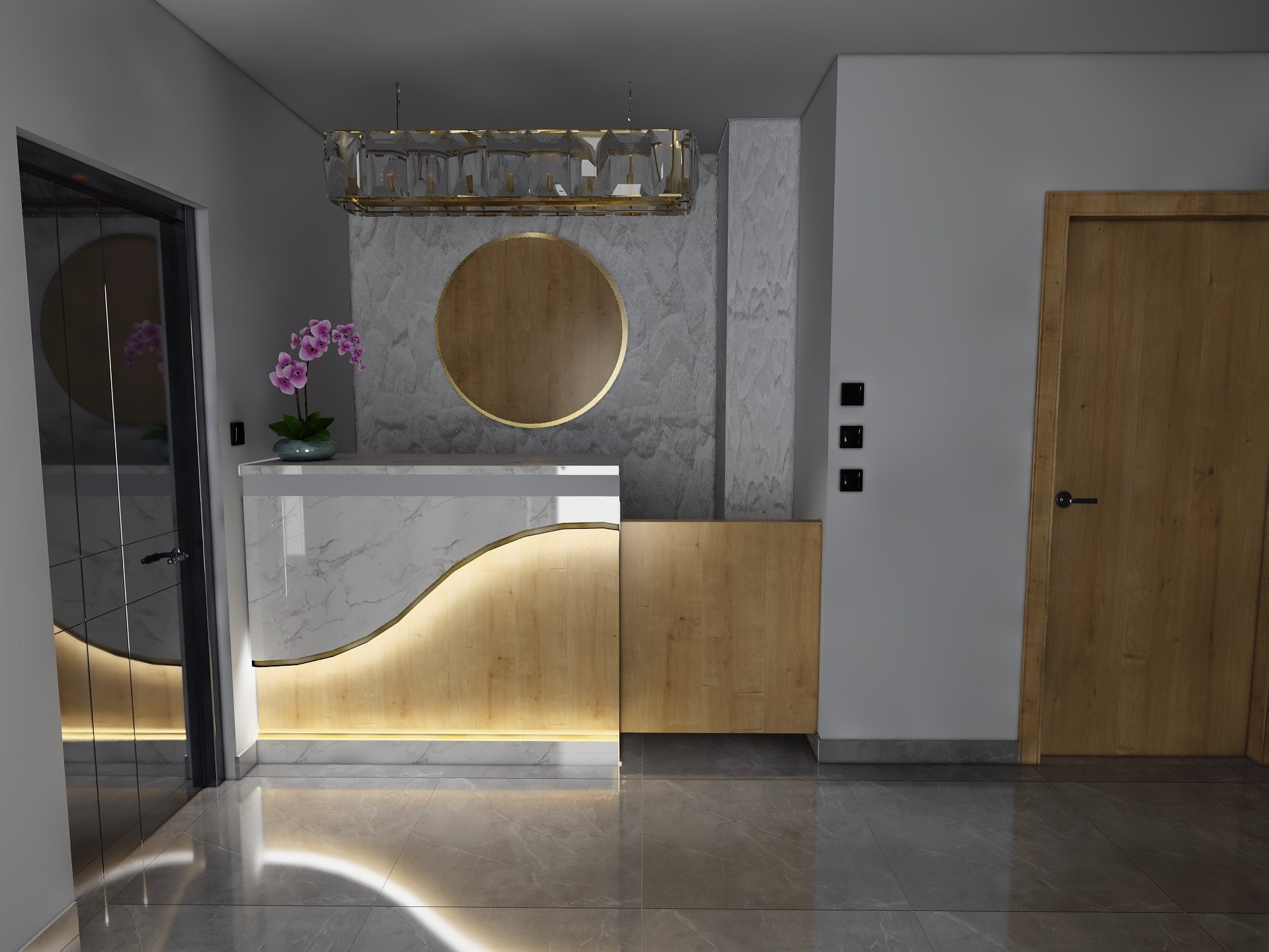 Nowoczesna recepcja biurowa z marmurowym blatem, podświetlanym drewnem i okrągłym lustrem, oświetlona designerską lampą wiszącą, z subtelnym akcentem kwiatowym.