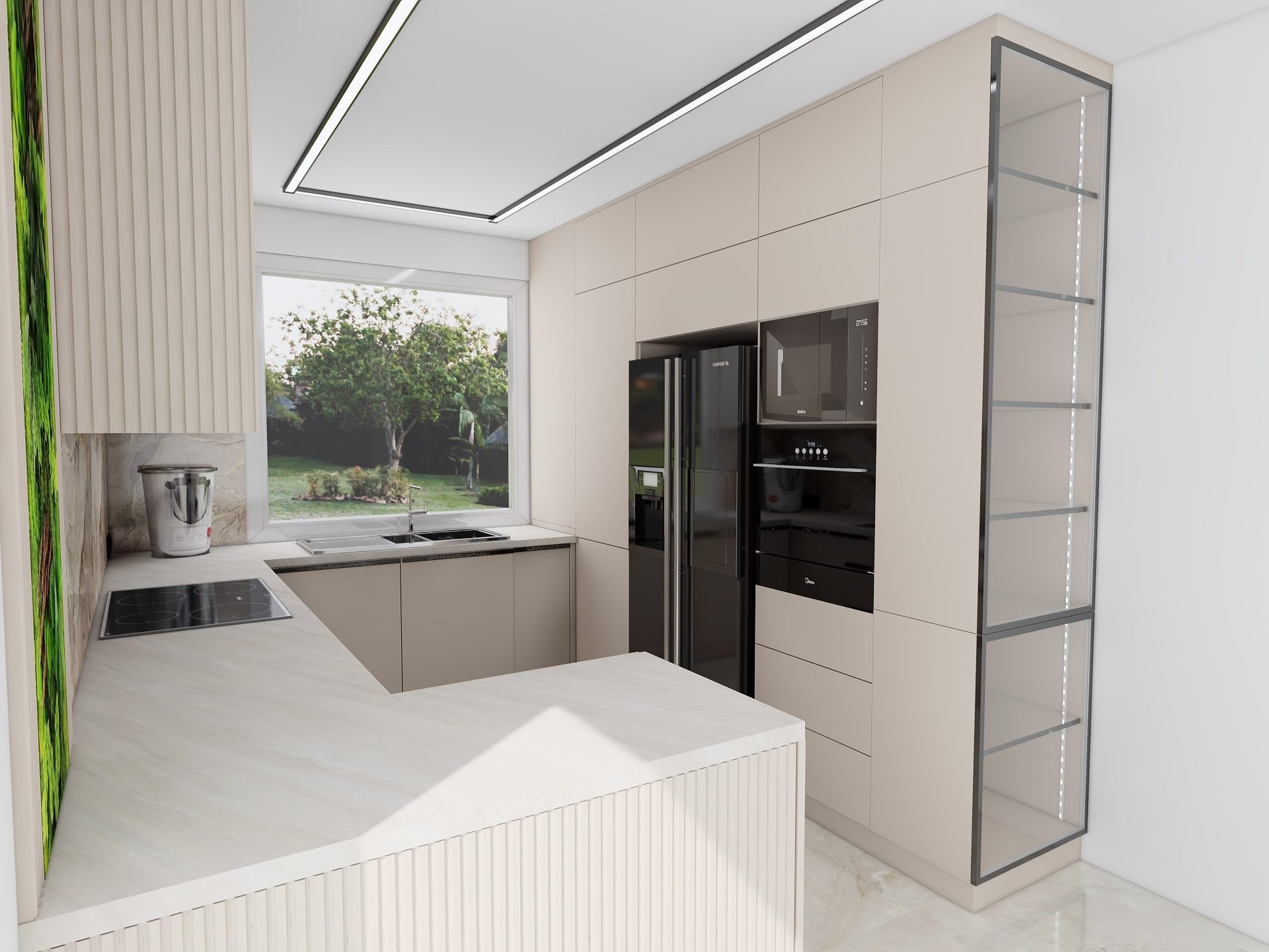 Nowoczesna kuchnia w beżowej tonacji z czarnymi sprzętami AGD. Minimalistyczny design, wysoka zabudowa, przeszklona witryna i widok na zieleń za oknem.