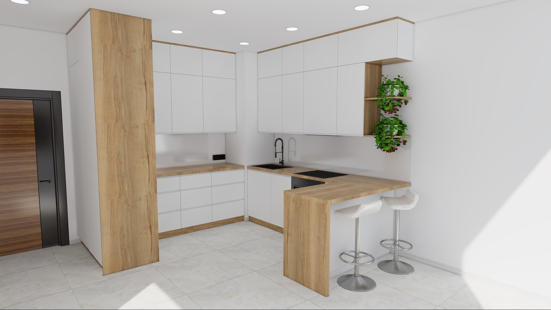 Wizualizacja kuchni w bieli i drewnie z roślinami doniczkowymi na półkach. Nowoczesne krzesła barowe przy drewnianym blacie. Minimalistyczny design, jasne wnętrze.