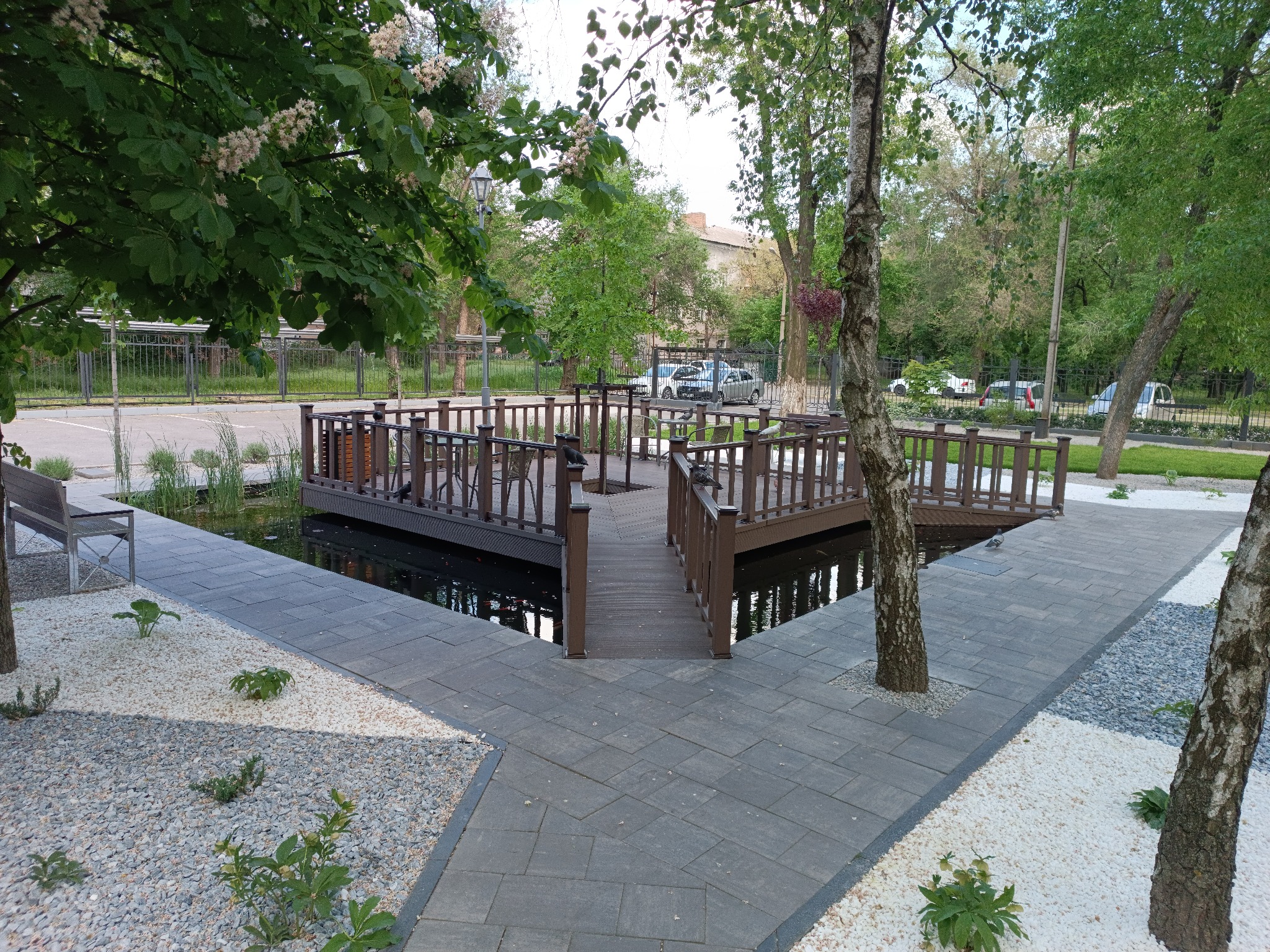 Elegancki staw w klinice: 80 m³, głęb. 2 m, wyspa centralna, strefa roślin, karaśe ozdobne, filtr bębnowy + UV 2×80 W.