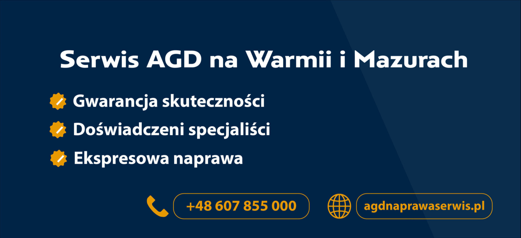 Grafika reklamowa serwisu AGD z Warmii i Mazur. Gwarancja skuteczności, doświadczeni specjaliści, ekspresowa naprawa. Kontakt: +48 607 855 000, agdnaprawaserwis.pl