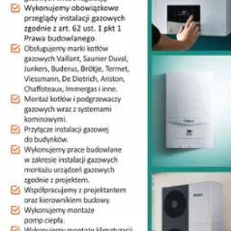 Kompilacja zdjęć: osoba reguluje piec gazowy Vaillant, wiszący piec gazowy Vaillant, pompa ciepła Vaillant na zewnątrz budynku. Prezentacja oferty firmy.