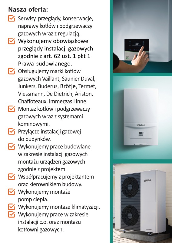 Kompilacja zdjęć: osoba reguluje piec gazowy Vaillant, wiszący piec gazowy Vaillant, pompa ciepła Vaillant na zewnątrz budynku. Prezentacja oferty firmy.
