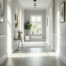 Jasne panele podłogowe w korytarzu z białymi ścianami, listwami przypodłogowymi i dekoracjami ściennymi. Nowoczesny design z roślinami i dywanem.