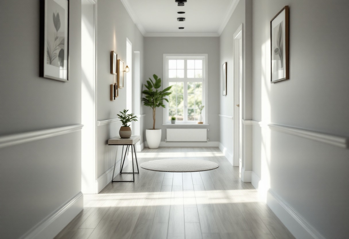 Jasne panele podłogowe w korytarzu z białymi ścianami, listwami przypodłogowymi i dekoracjami ściennymi. Nowoczesny design z roślinami i dywanem.