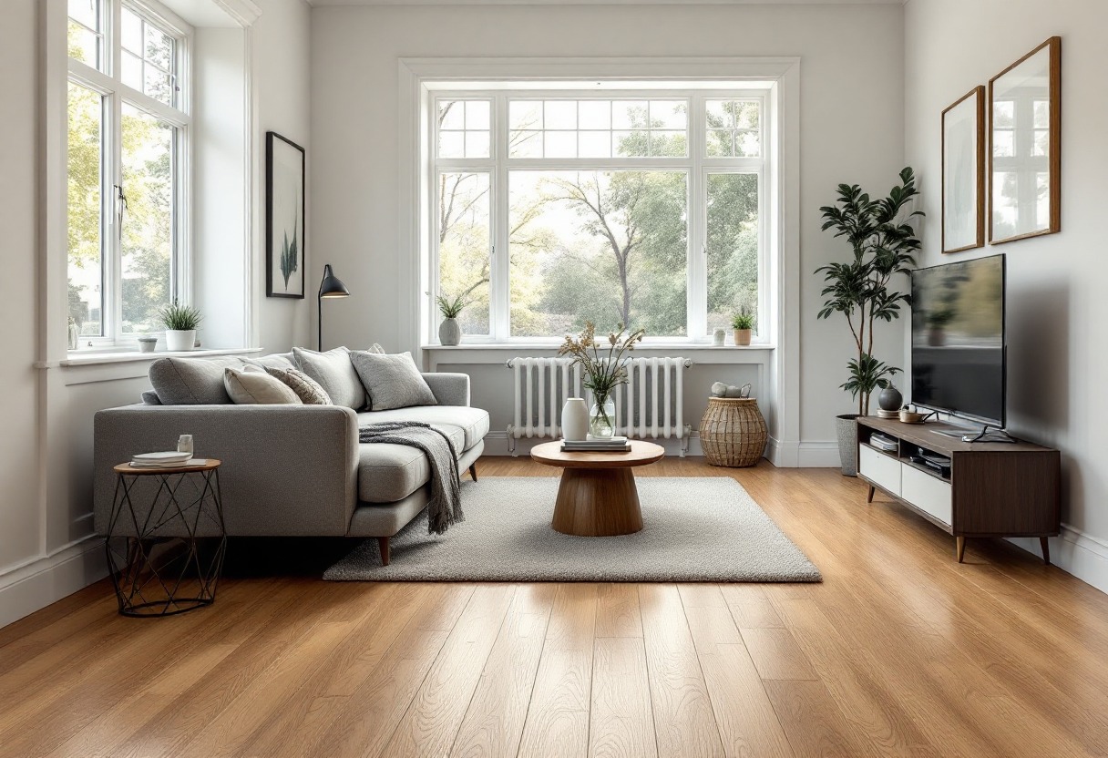 Jasne panele podłogowe w salonie z szarą sofą, dywanem i stolikiem kawowym. Duże okna wpuszczają naturalne światło. Minimalistyczny wystrój.