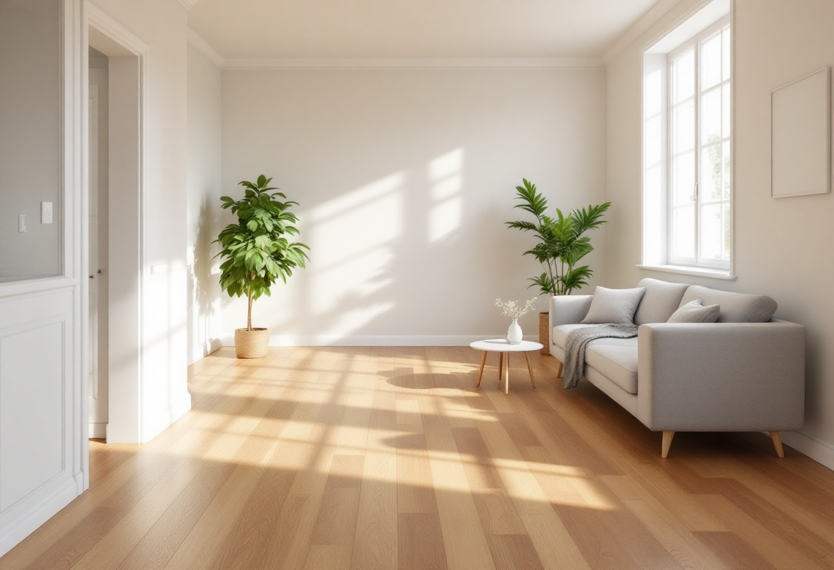 Jasne panele podłogowe w salonie z sofą, stolikiem i roślinami doniczkowymi. Promienie słońca wpadają przez okno, oświetlając podłogę.