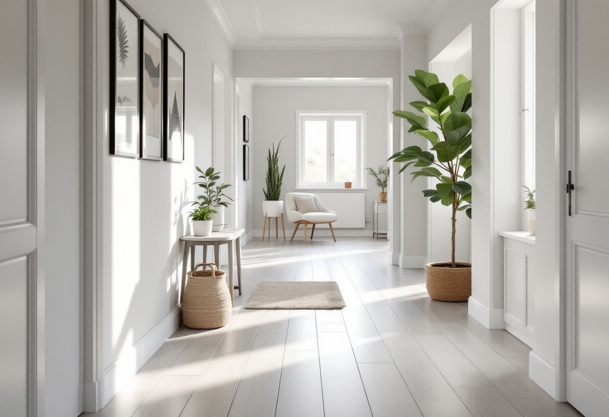 Jasny korytarz z panelami podłogowymi w odcieniach szarości, minimalistycznym wystrojem i roślinami doniczkowymi. Naturalne światło podkreśla czystość wnętrza.