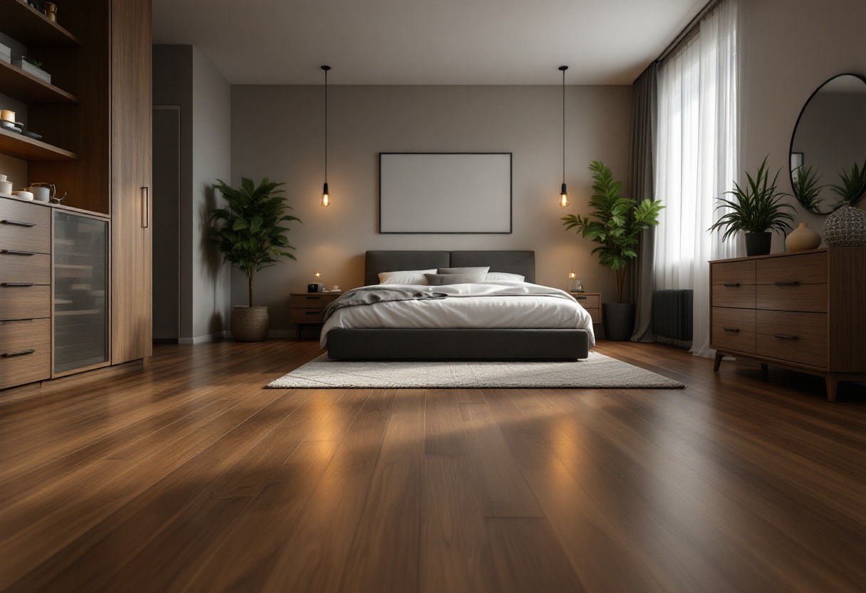 Elegancka sypialnia z drewnianą podłogą w odcieniach brązu, widok z niskiego kąta. Realizacja w Libiążu. Nowoczesny design wnętrza.