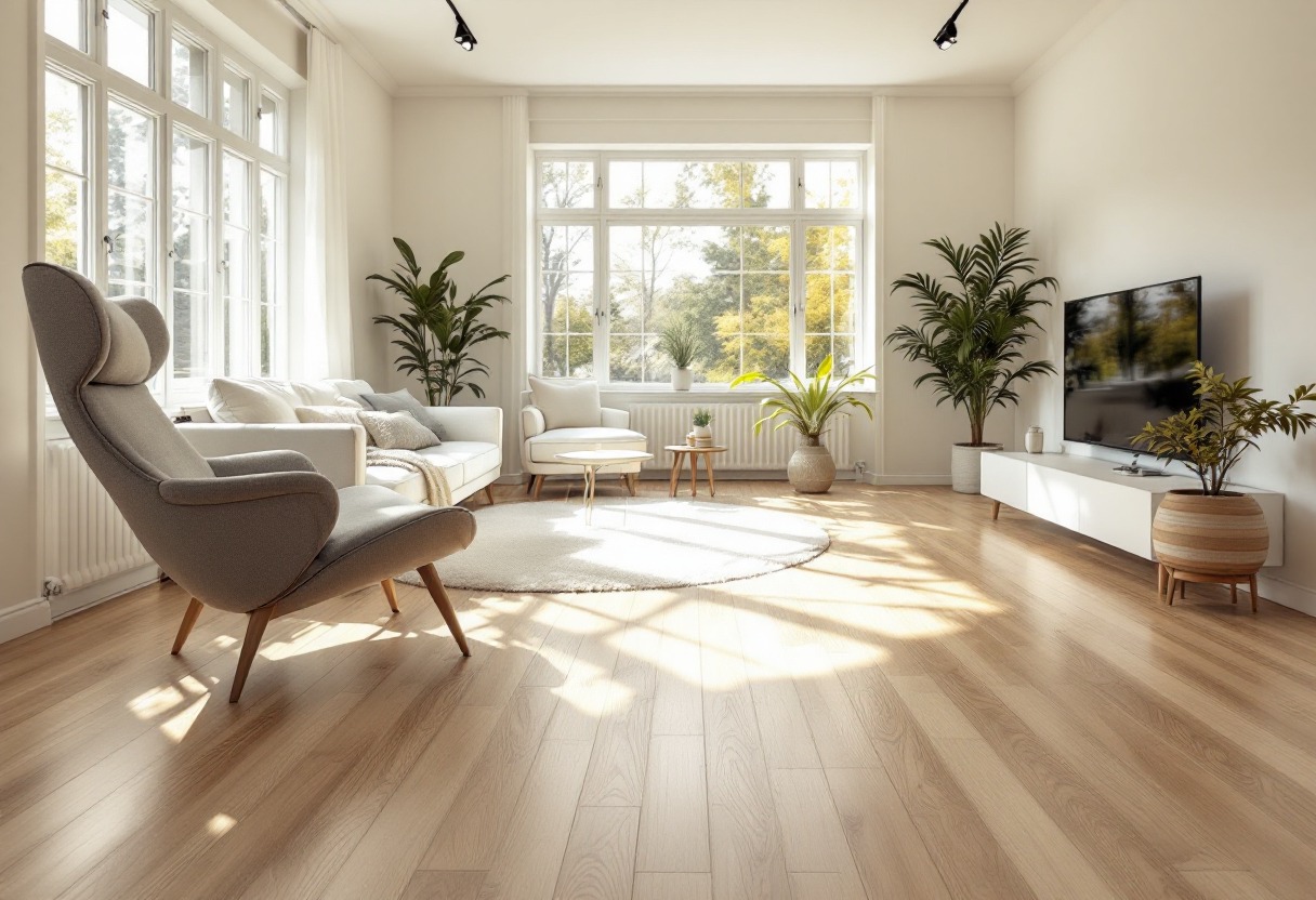 Jasne panele podłogowe w salonie z dużym oknem, sofą i fotelami. Widoczne rośliny doniczkowe i telewizor. Słoneczne światło podkreśla strukturę drewna.
