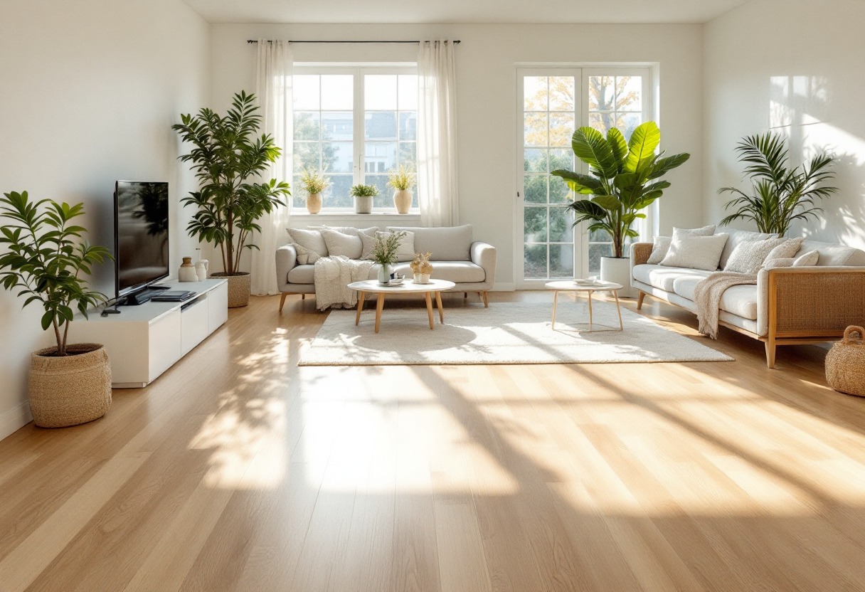 Jasne, drewniane panele podłogowe w salonie z sofami, dywanem i roślinami doniczkowymi. Widoczne promienie słoneczne wpadające przez okno.