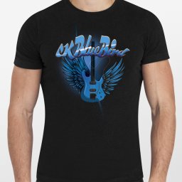 MW Studio Projekt - Marta Wróblewska - Męska koszulka z nadrukiem gitary ze skrzydłami i napisem 'OK BlueBird'. Grafika wykonana w niebieskiej kolorystyce. Firma z Oliszki.