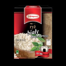 MW Studio Projekt - Marta Wróblewska - Opakowanie ryżu białego długoziarnistego marki Polgreen. Widoczna nazwa produktu, wizerunek ryżu w drewnianej miseczce i informacja o czasie gotowania: 15-20 minut.