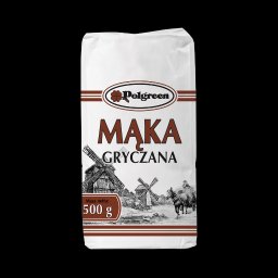 MW Studio Projekt - Marta Wróblewska - Opakowanie mąki gryczanej Polgreen z grafiką wiatraków i konia ciągnącego wóz, na białym tle.  Masa netto 500g.