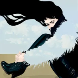 Ilustracja cyfrowa: kobieta w futrze i lakierowanych butach, z czarnymi włosami na tle nieba. Charakterystyczny styl graficzny, uproszczone formy, mocne kontrasty.