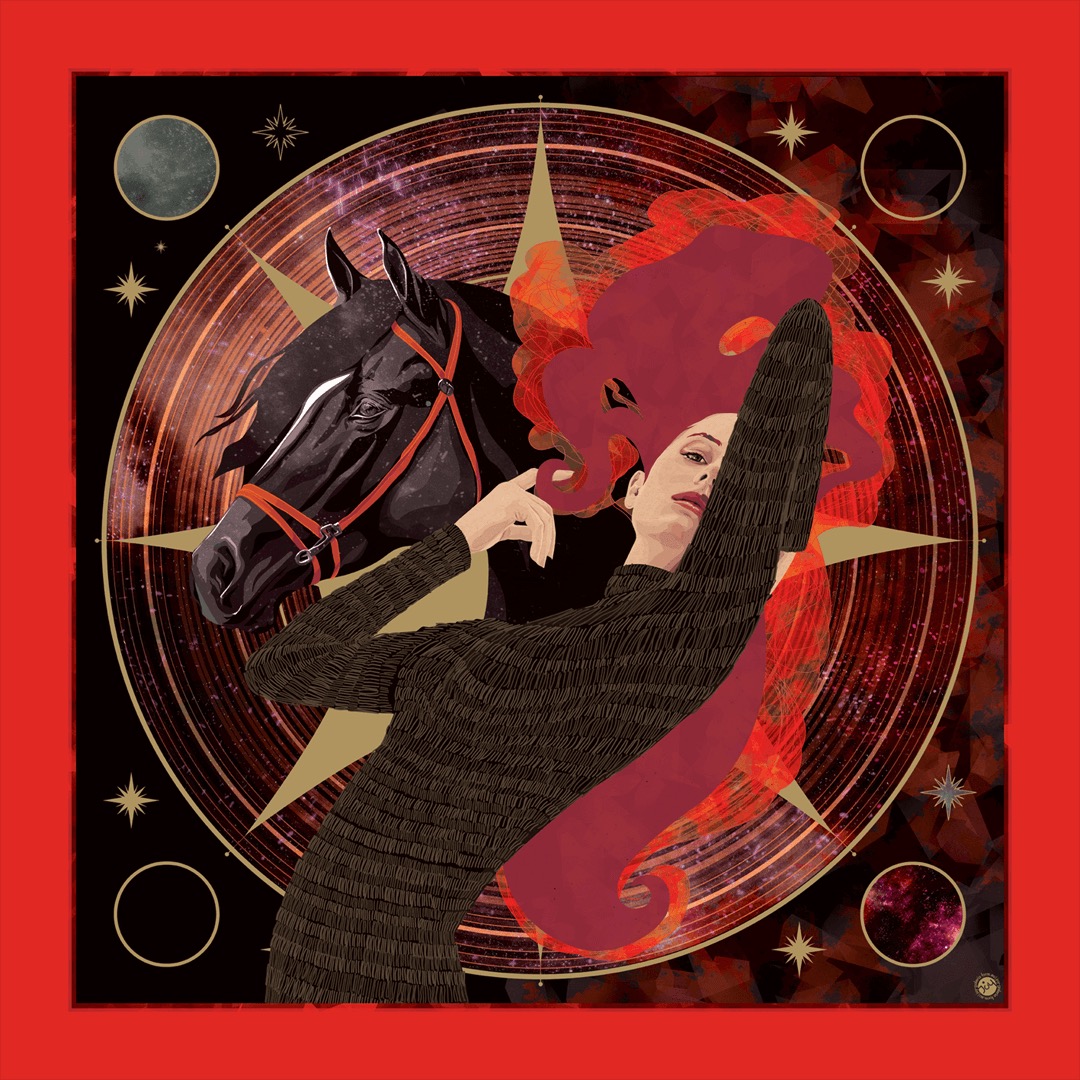 Ilustracja cyfrowa: kobieta w czarnej sukience, czarny koń, kosmiczne tło z gwiazdami i planetami, całość w kwadratowej ramie w kolorze czerwonym.