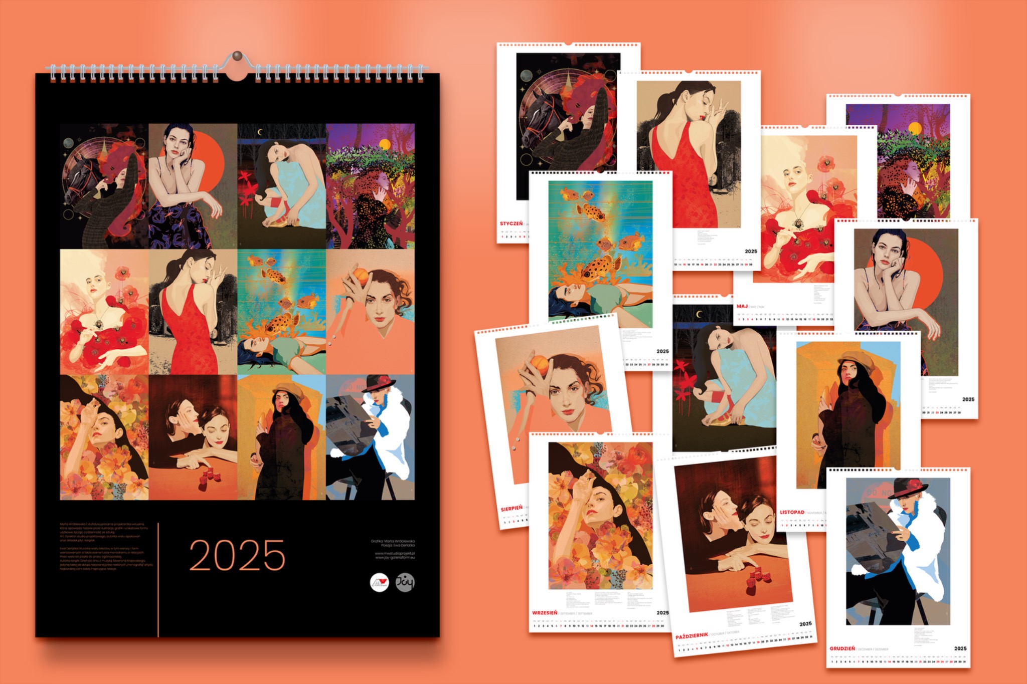 Kalendarz na 2025 rok z ilustracjami artystycznymi, prezentowany na pomarańczowym tle. Widoczne karty kalendarza z różnymi grafikami portretowymi.