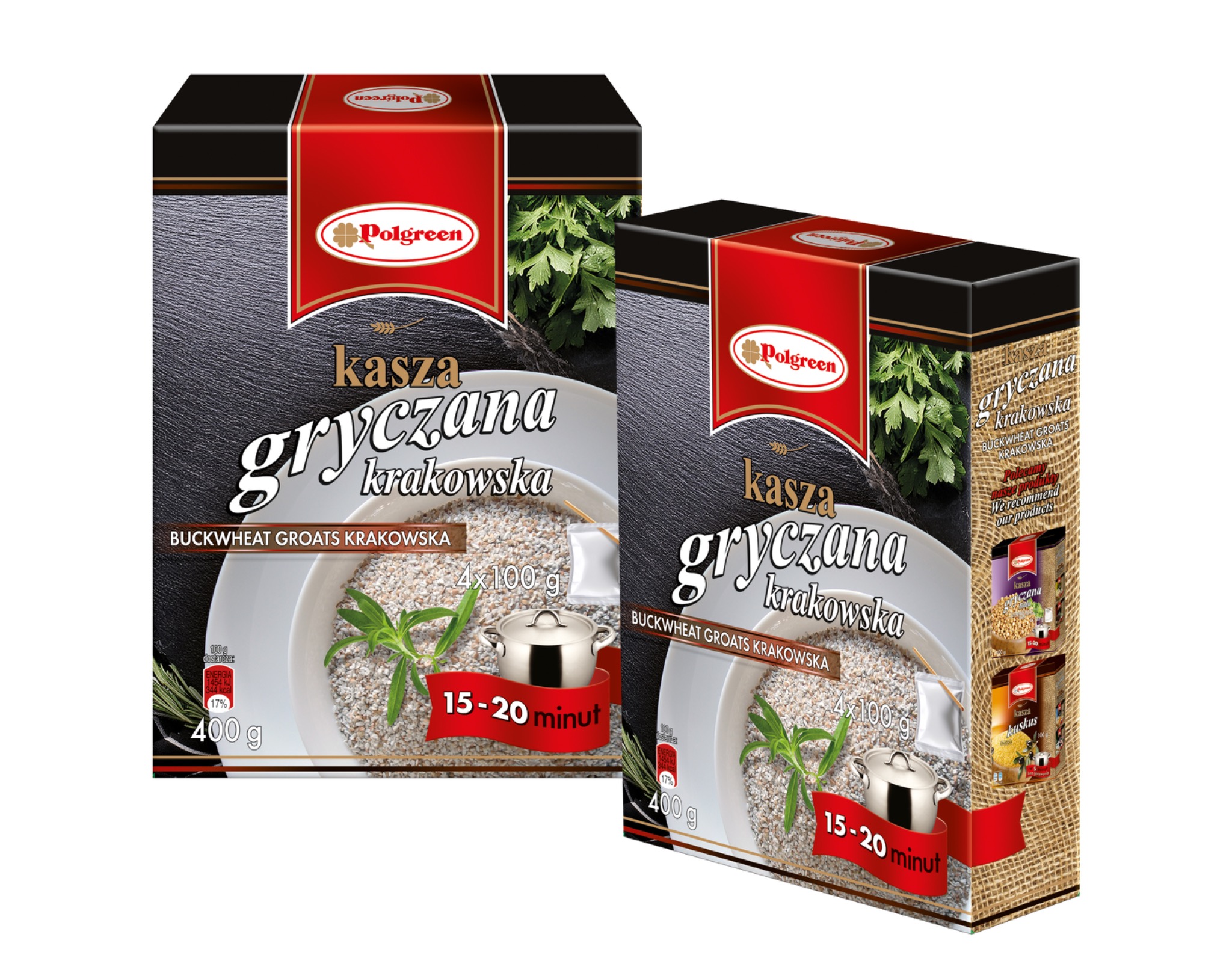 Dwa opakowania kaszy gryczanej marki Polgreen. Pierwszy plan: opakowanie z widoczną miską kaszy, garnkiem i informacją o czasie gotowania. W tle drugie opakowanie.