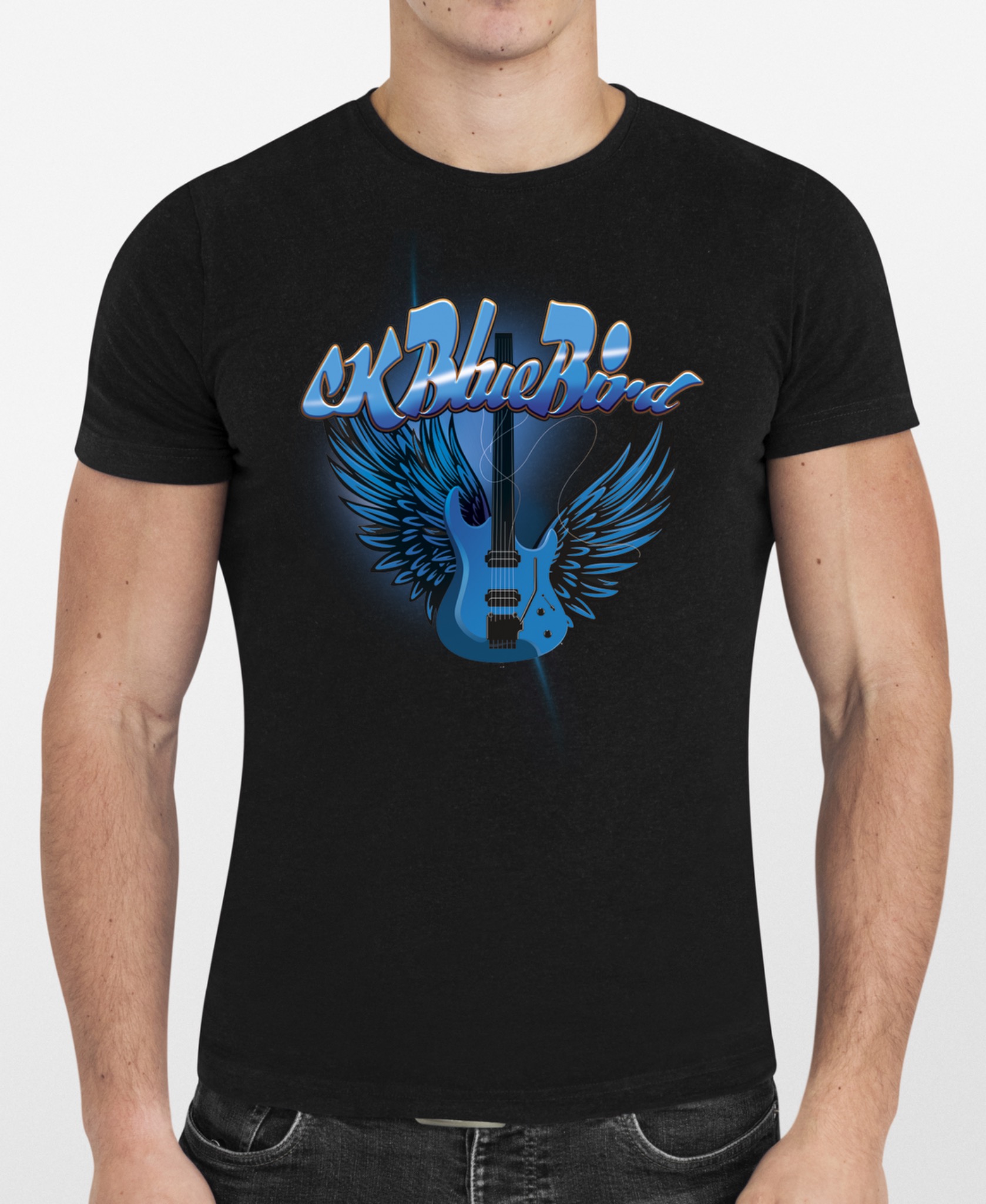 Męska koszulka z nadrukiem gitary ze skrzydłami i napisem 'OK BlueBird'. Grafika wykonana w niebieskiej kolorystyce. Firma z Oliszki.