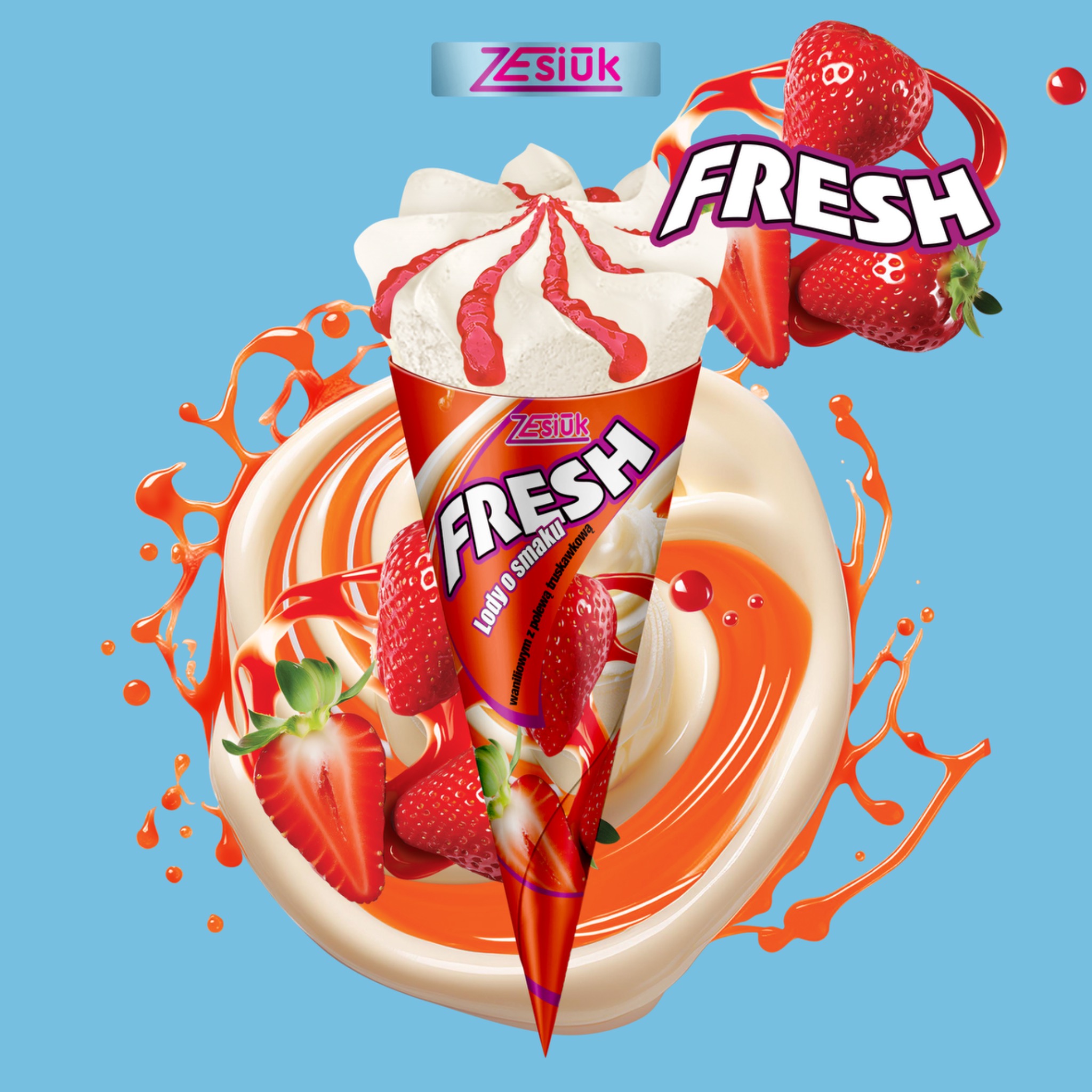 Grafika lodu w wafelku 'Fresh' z truskawkami i polewą na błękitnym tle. Widoczne logo firmy 'Zesiuk'. Dynamiczna kompozycja z efektem rozprysku.